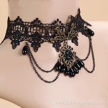 Resin Rhinestone Charm Lace Choker Necklace Gothic